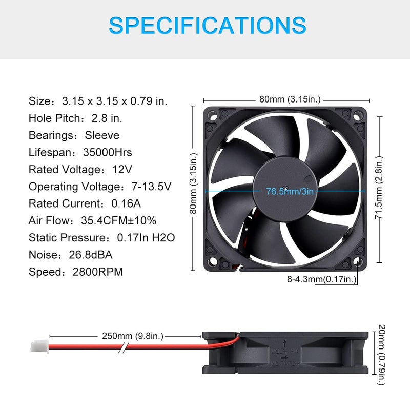 GDSTIME 80mm x 20mm 8020 12V Dc Brushless Cooling Fan Sleeve Bearing 2Pin - Image 2